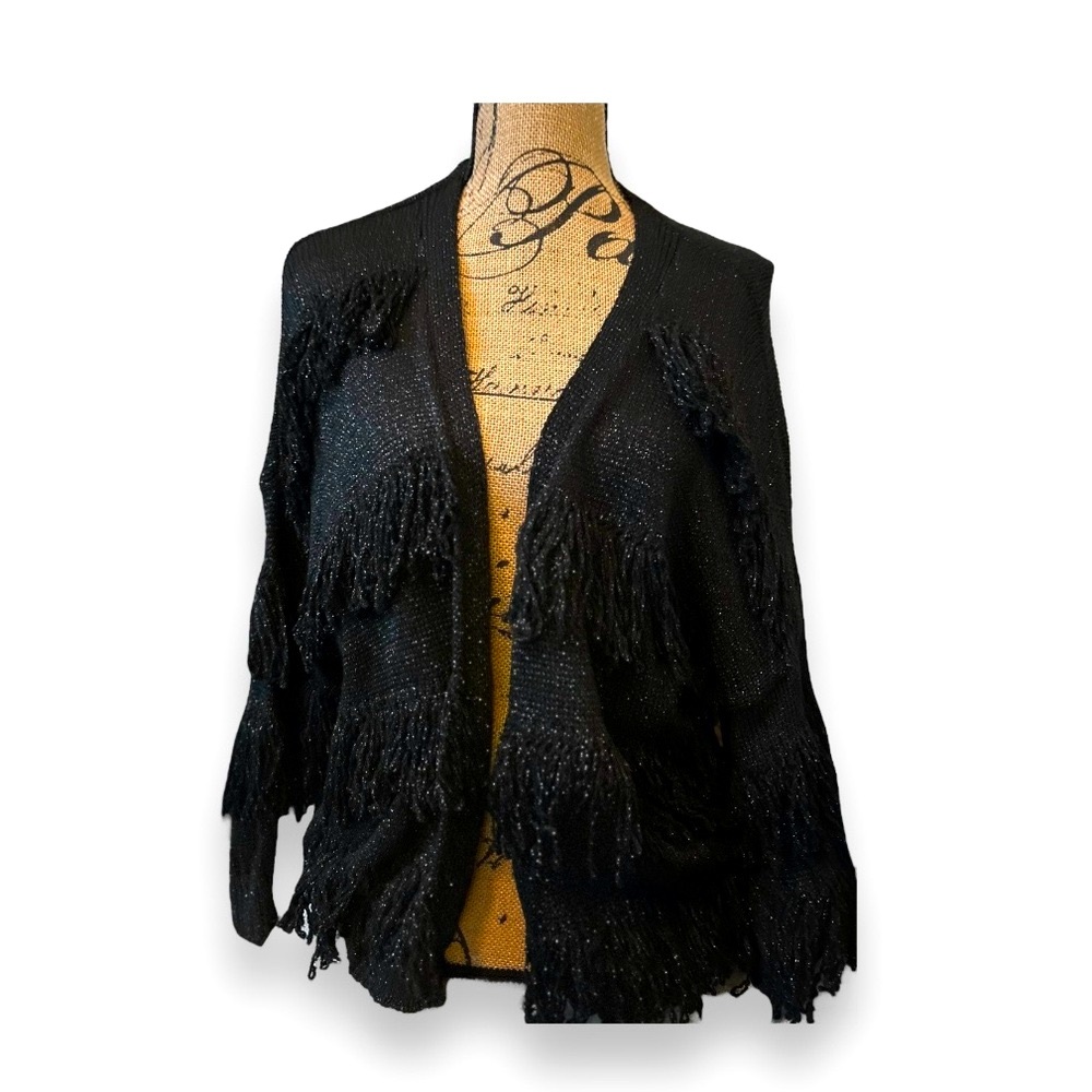 Brand Bazaar Sparkly Shimmery Black Fringed Open Cardigan $148 RETAIL